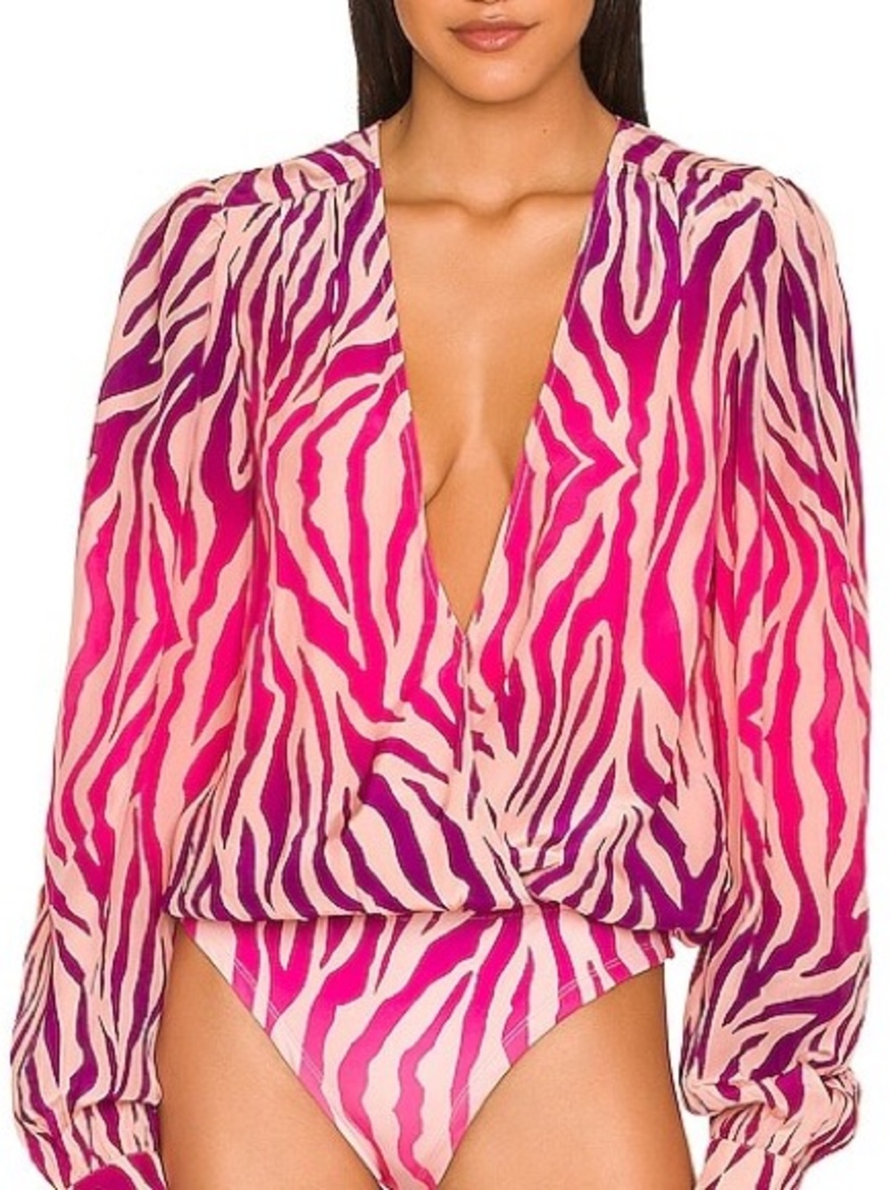 Rococo Sand Pink & Magenta Zebra-Print Deep V Long-Sleeve Bodysuit